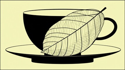 Monochrome illustration of a teacup with saucer, a detailed leaf is placed inside it