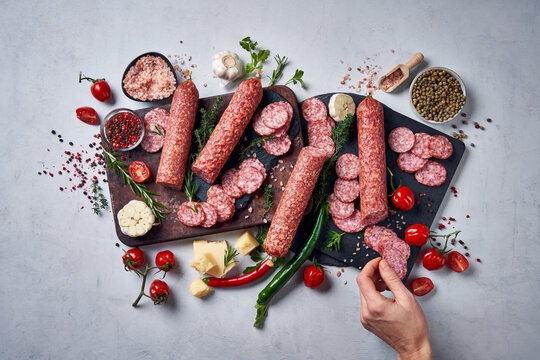 Salami and charcuterie board with fresh ingredients