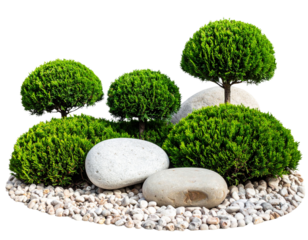  Evergreen Bushes with Decorative Stones in a Curved Zen-Inspired Layout, Natural Garden Scene, Isolated PNG