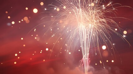 Bright golden fireworks exploding in the night sky with colorful sparks and bokeh lights