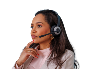 Customer service operator wearing headset, thinking while providing support and assistance, transparent background
