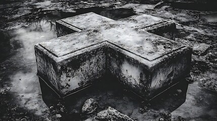 Monochrome perspective, close-up of a large weathered cross sculpture in a puddle, moody lighting