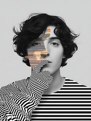 Monochrome portrait of a person with graphic overlay. Lines and stripes create a surreal effect