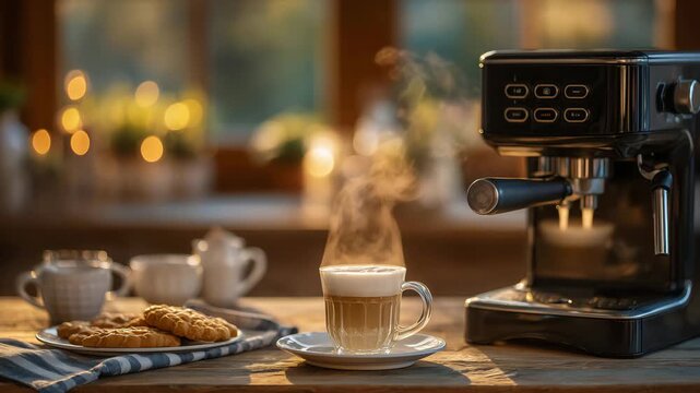 54Elegant black coffee machine preparing cappuccino, steam rising in golden light, soft focus on mugs, pastries, and rustic table textures in a homely setting