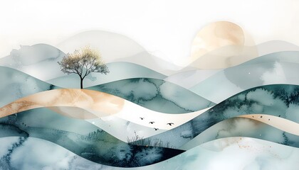 Abstract watercolor landscape with rolling hills, a solitary tree, and birds flying under a soft sun.