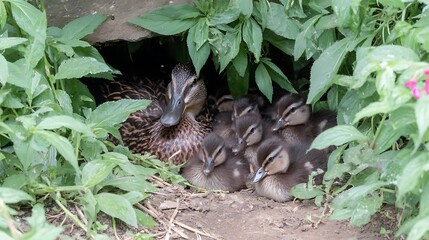 Mother duck and her ducklings nestled within green foliage, sheltering from the elements