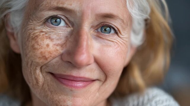57Aging vs. youthful skin comparison on a woman&rsquo;s face, left half textured with lines and pigmentation, right half bright, even-toned, and rejuvenated, clean background emphasizing t
