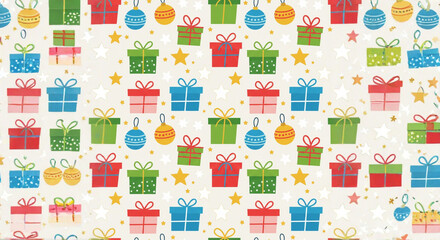 Vibrant Christmas gift and ornament pattern with colorful presents