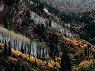 Mountain slope displaying a mix of autumnal foliage, including aspen & evergreen trees