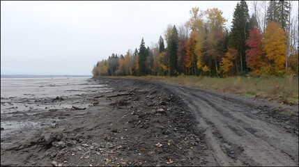Muddy dirt road along a bank with foliage and a cloudy sky in the background