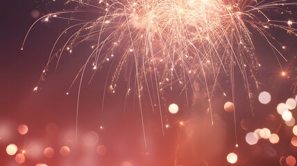 Bright golden fireworks exploding in the night sky with light bokeh in the background