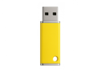 Yellow usb flash drive providing portable data storage for digital files and information, featuring a transparent background