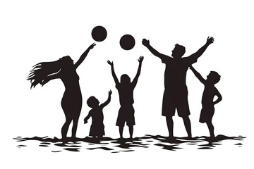 Fototapeta premium Joyful Family Silhouette with Beach Ball: Capture a heartwarming scene of a family's shared joy as they frolic with a ball on a sunny beach, celebrating the warmth of togetherness. 