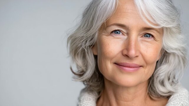 59Woman facing forward with split aging effect, aged side showing fine lines and sun damage, youthful side radiant and smooth, soft light enhancing skin texture differences