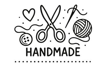 Handmade craft tools: scissors, yarn, needle, button, heart design