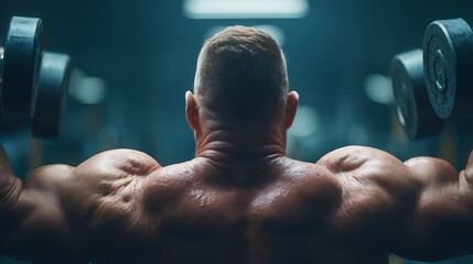 Muscular man lifts dumbbells, showcasing back and shoulder muscles in dimly lit gym