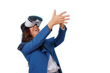 Businesswoman experiencing virtual reality, interacting with metaverse technology on transparent background