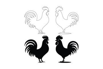 Naklejka premium Stylized graphic icons of roosters, featuring both outline and silhouette designs, perfect for farm, poultry, or rural themes.