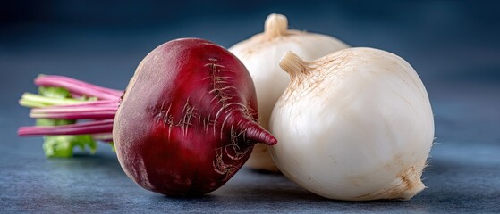 Close-up view of fresh beets and radishes on a dark surface with moody light to highlight their natural colors and textures on a studio backdrop