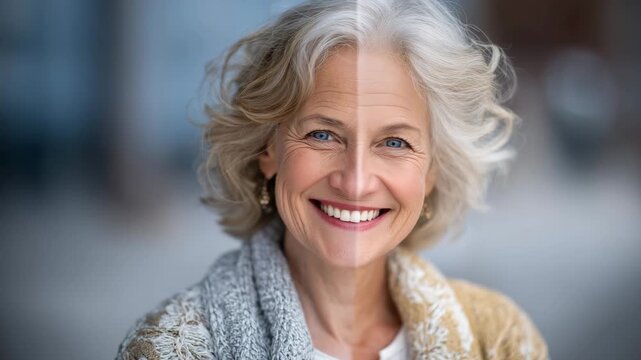 63Dramatic before-and-after concept portrait, one half of the woman&rsquo;s face marked by aging signs, the opposite half fresh, firm, and bright, captured with high detail