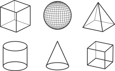 Line art vector set of 6 geometric shapes cube sphere pyramid cylinder cone and prism