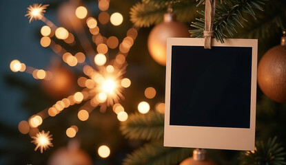 Blank polaroid hanging on Christmas tree with Fireworks background
