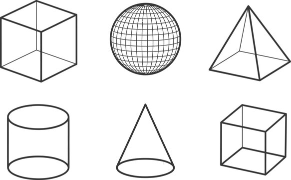 Line art vector set of 6 geometric shapes cube sphere pyramid cylinder cone and prism