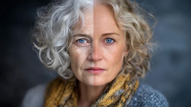 64Dramatic before-and-after concept portrait, one half of the woman&rsquo;s face marked by aging signs, the opposite half fresh, firm, and bright, captured with high detail