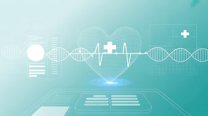 Digital healthcare technology interface with heart hologram, DNA strand and medical cross icons representing futuristic online health information concept