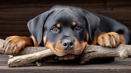 Fototapeta premium Dog holding a bone with its head down in front of dark wood background captured using high-quality camera