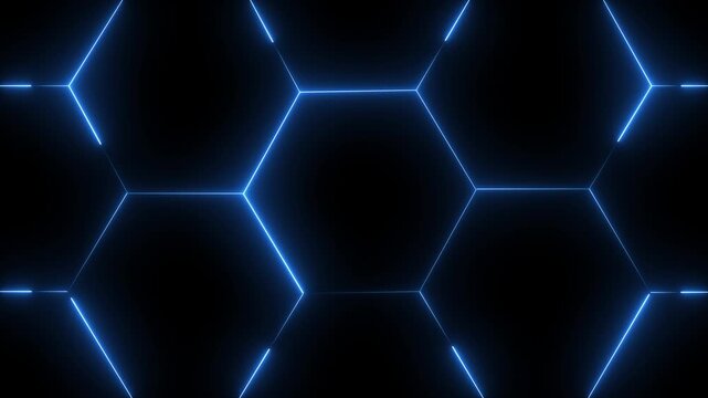 glowing neon light hexagon frame animated on black background. futuristic abstract hexagonal grid background growth line enhanced for modern geometric motion visuals