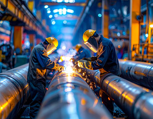 Workers weld thick boiler pipes inside a busy mechanical room
