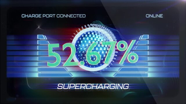 Electric car supercharger terminal display showing charge progress percentage
