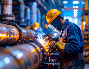 Workers weld thick boiler pipes inside a busy mechanical room