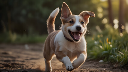 Happy brown and white puppy is running fast on a dirt path with ears flapping. Pet concept