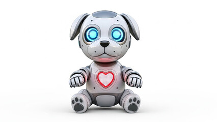 Cute Robot Puppy with Glowing Blue Eyes and Red Pixelated Heart on Chest, Sitting on White