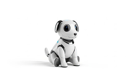 Fototapeta premium Cute Robotic Dog Sitting on White Adorable AI Pet Companion with Expressive Eyes. Technology and Innovation