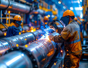 Workers weld thick boiler pipes inside a busy mechanical room