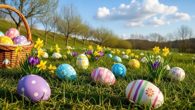 Colorful Easter Eggs in Spring Field.