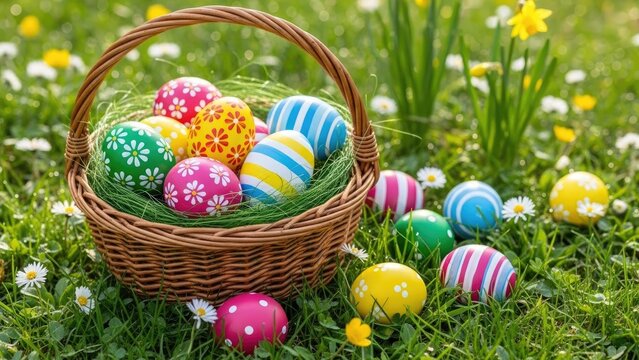 Colorful Easter Eggs in Wicker Basket Outdoors. - Powered by Adobe