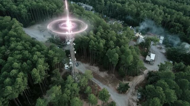 Midrange footage of a drone jammer device emitting signals amidst a forested perimeter to protect critical infrastructure from covert drone monitoring.
