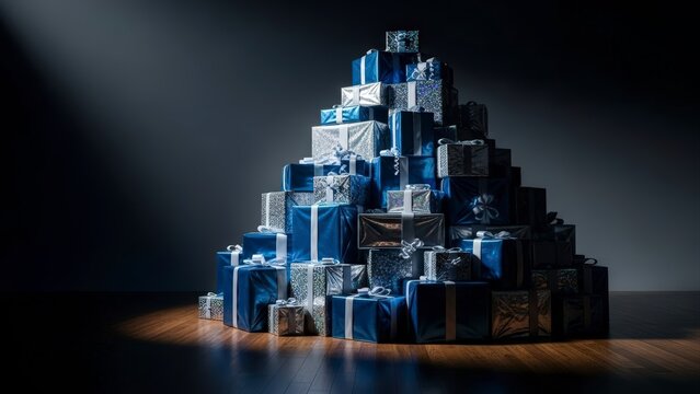 Large stack of blue and silver gift boxes arranged in a pyramid shape, illuminated by a single spotlight on a dark background.