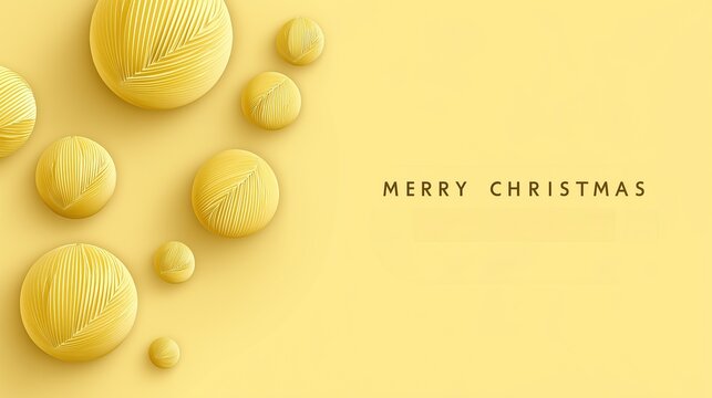 A minimalist yellow background with the text Merry Christmas in the center surrounded by decoration spheres for holiday advertising design.