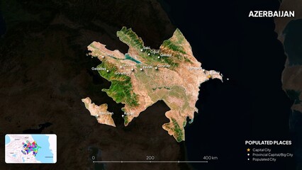 4K Azerbaijan Border Land Map, High Resolution Satellite View with Province Lines and Highly Populated Cities, Widescreen 4K Resolution