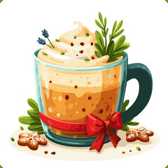 Vector illustration of a lavender raff with whipped cream, holly, cookie, isolated on a white background. Vector illustration of coffee beverage on white background