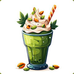 Vector illustration of a pistachio milkshake with whipped cream, nuts, striped straw, isolated on a white background. Vector illustration of pistachio beverage on white background