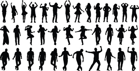Fototapeta premium Silhouette people dancing and posing in dynamic standing gestures, diverse human figure collection, expressive movement poses, modern lifestyle illustration on white background