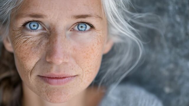 72Side-by-side aging concept on one face, textured, weathered skin on one half merging seamlessly into bright, wrinkle-free youthful skin, clinical aesthetic emphasizing dermatology