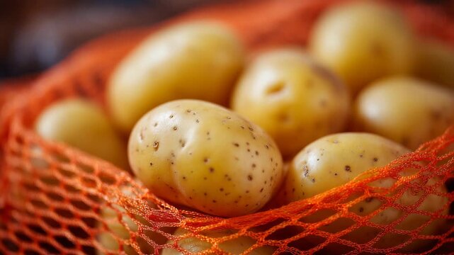 72Close-up of potatoes in an orange mesh bag, crisp details of skin and netting, soft diffuse lighting on white background emphasizing freshness and readiness for cooking