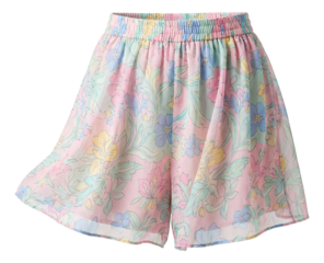 Floral chiffon shorts with a flared design and elastic waist for a boho vibe.